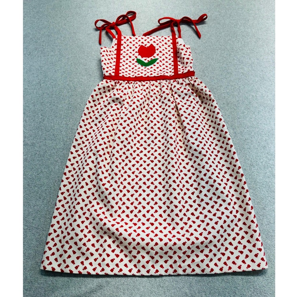 Handmade Tulip Sundress Girls 5T White Red Floral Tie Strap Applique Dress Retro